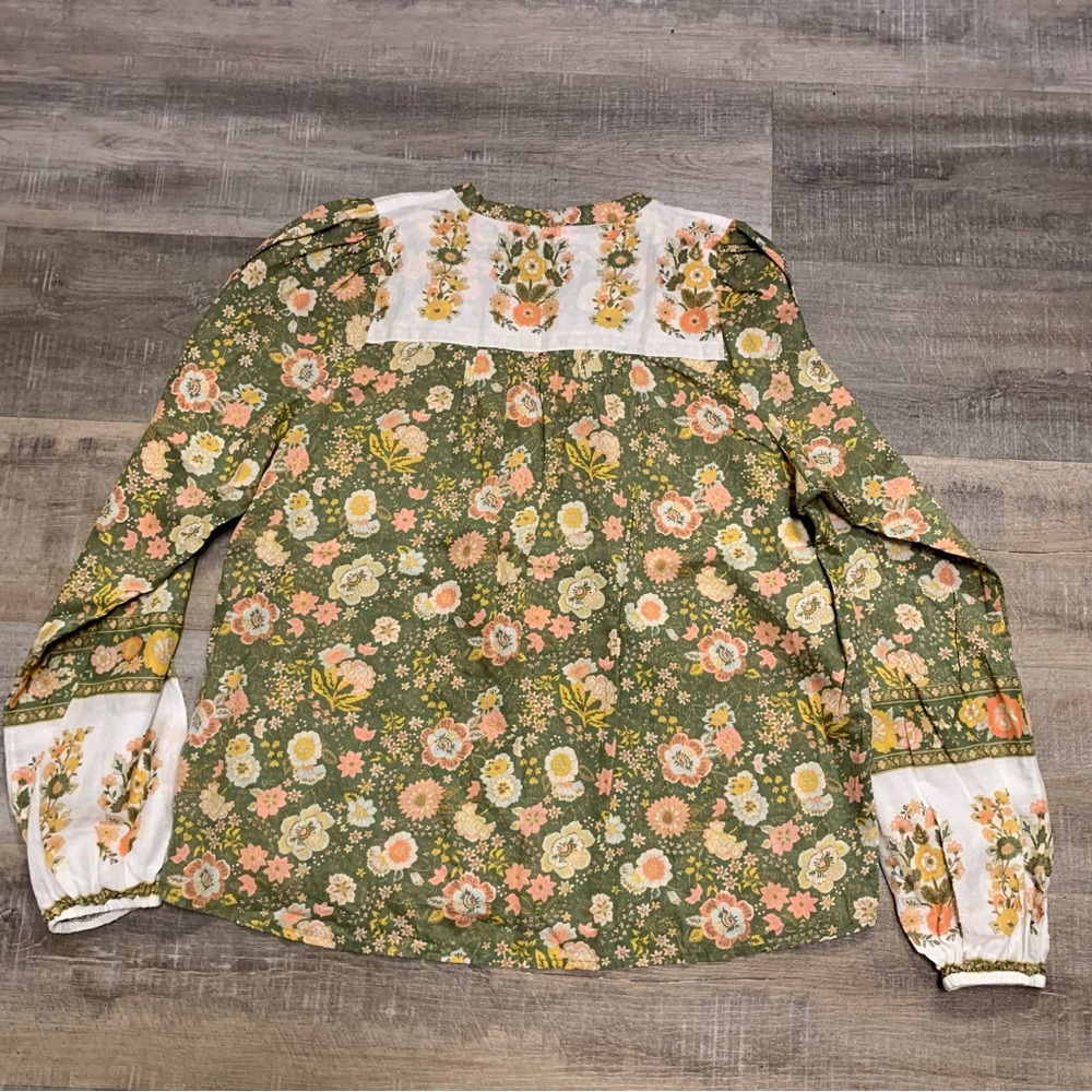 Elan Monterey Jade Green Floral Print Boho Cottagecore Peasant Top  Size Medium - Picture 4 of 4
